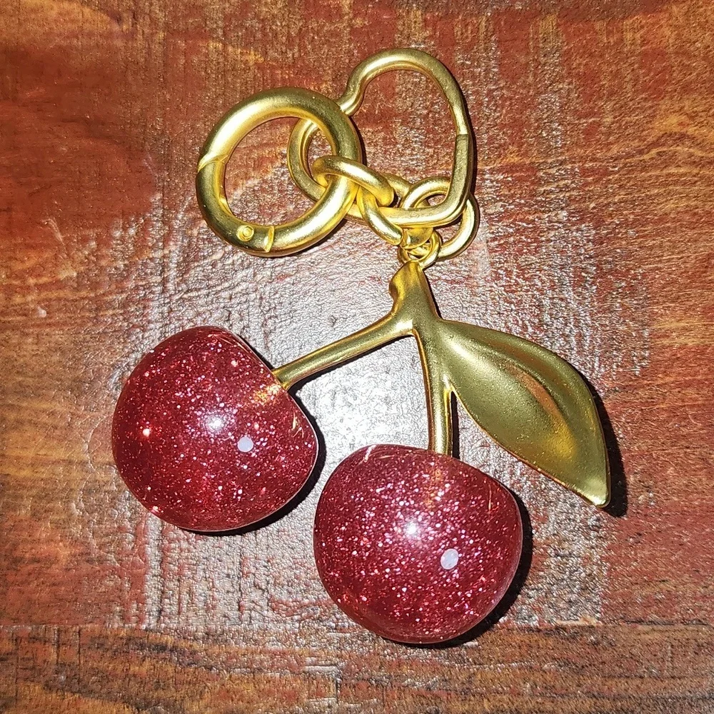 Dark Pink Glitter Cherries Bag Charm Purse Keychain Sparkles Heart NWOT